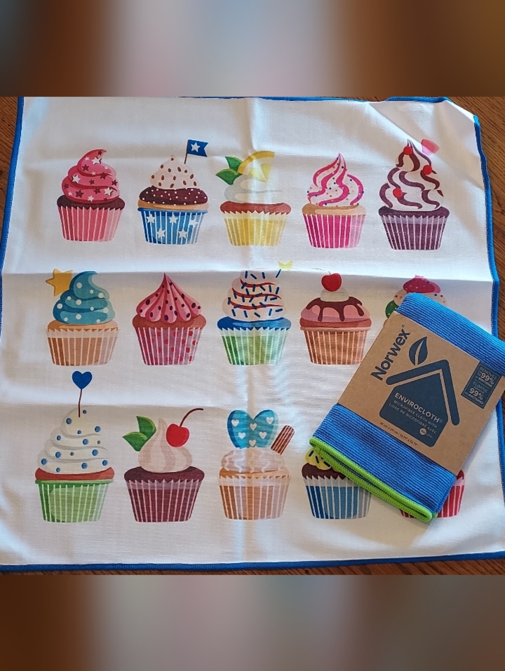 Norwex Blue/green  EnviroCloth with Colorful Cupcake Print Window Cloth